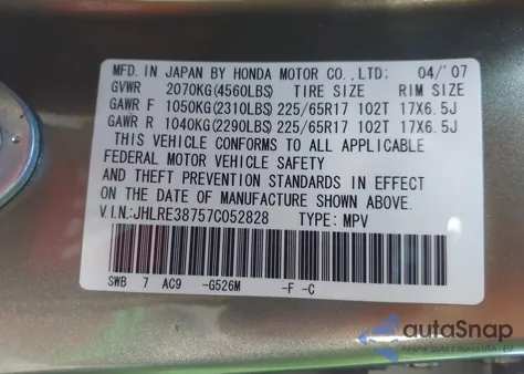 2007 Honda Cr-V Ex-L из США, поврежденный, VIN JHLRE38757C052828